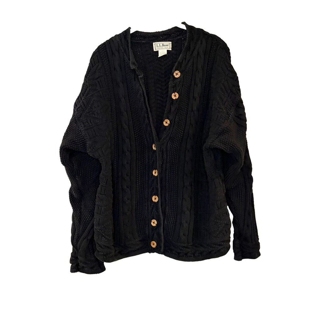 Vintage 90s LL Bean USA Womens Cable Knit Fisherman Cardigan Cotton Black XL